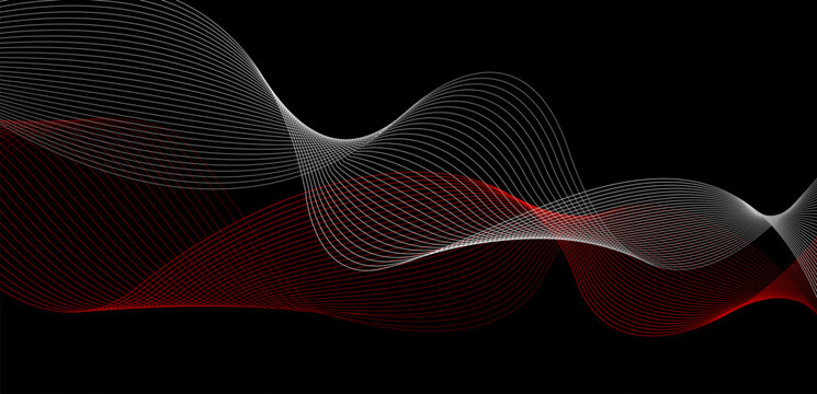 abstract waves background red and white wavy lines on black background. Dark premium background design for wallpaper, banner, backdrop and website landing page. Vector geometric background design