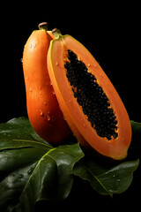Naklejka na ściany i meble Papaya seeds fruits tropical background orange food ripe leaf fresh juicy