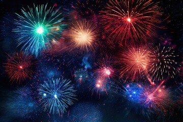 Fototapeta premium five multicolored fireworks on a black background