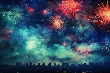 Fototapeta premium five multicolored fireworks on a black background