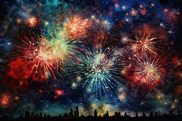Fototapeta na wymiar five multicolored fireworks on a black background