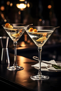 Closeup image of Dry Martini with olives on counter bar, alcoholic beverages, alcoholic drink, elegant drink