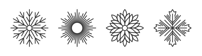 Snowflake icon, sun icon, flower icon, and maple leaf icons silhouette vector design illustration