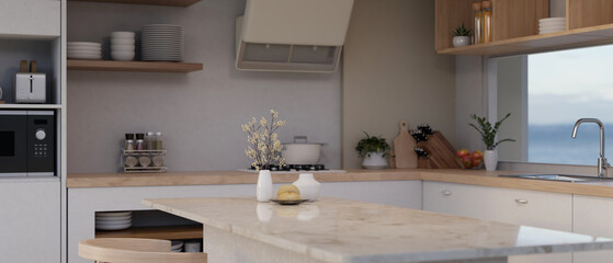 Interior design of a modern home kitchen with luxury marble kitchen island, kitchen appliances