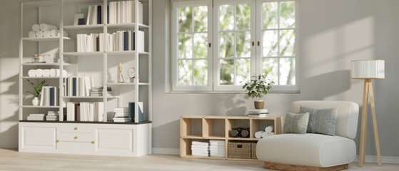 Interior design of a modern living room with a white shelf, wooden cabinet, comfy chair, floor lamp