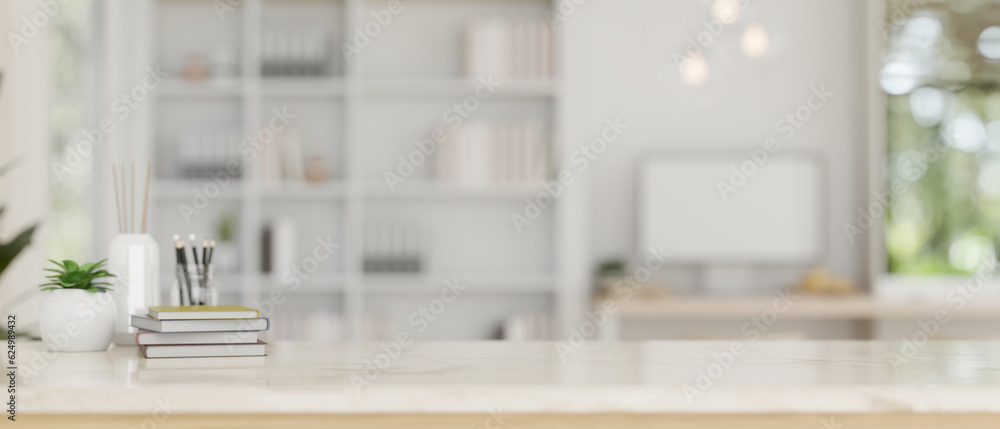 Canvas Prints a modern white workspace with copy space against a blurred modern white office as a background.