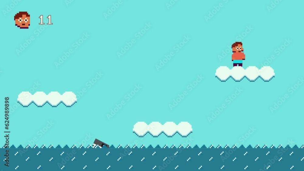 Poster retro arcade quest game with end screen game over. jumping on clouds collecting bananas and avoiding