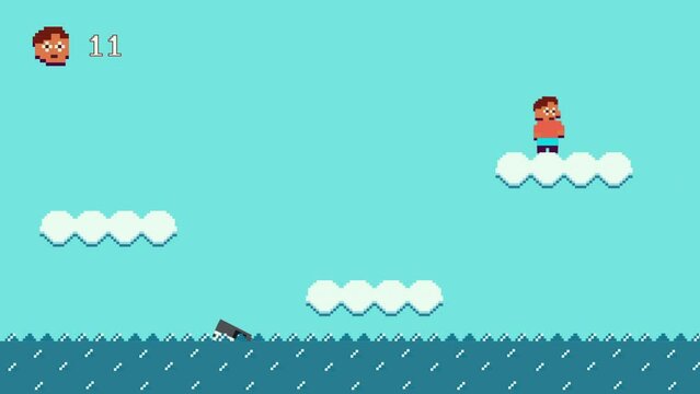 Retro Arcade Quest Game with End Screen Game Over. Jumping on Clouds collecting Bananas and avoiding sharks.