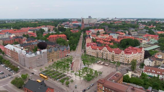Flyover new tramway in Lund central station towards hospital. 