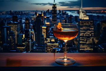  Metropolis Manhattan cocktail in city skyline setting, alcoholic beverages, alcoholic drink, elegant drink, Manhattan cocktail with city in the background