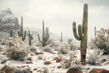 Saguaro cactus in snowstorm