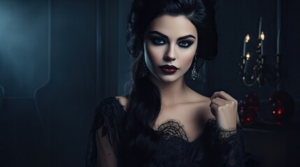 A stunning woman with dark Halloween makeup posing in a witch costume. Gothic style portrait of a lady with a mysterious and evil look. Concept of fantasy and horror.