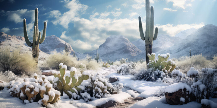 Desert cactus covered in snow