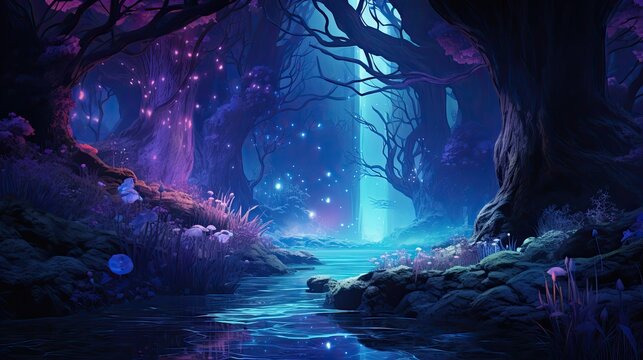 Fantasy forest, blue and purple, magical and surreal landscape