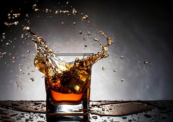 A glass of whiskey with splashes from the ice cube over black background. alcohol splashes. whisky or cognac or another type of alcohol