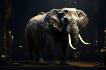 elephant with tusks on black background generative AI