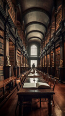 Long room in a library with half moon ceiling, made with generative AI