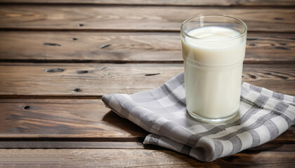 big glass of milk with napkin on old wooden table. Dairy product