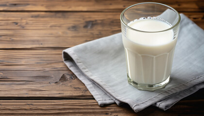 big glass of milk with napkin on old wooden table. Dairy product