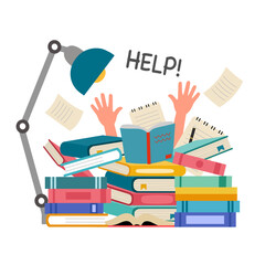Stressed student buried under a pile of books in flat design on white background.