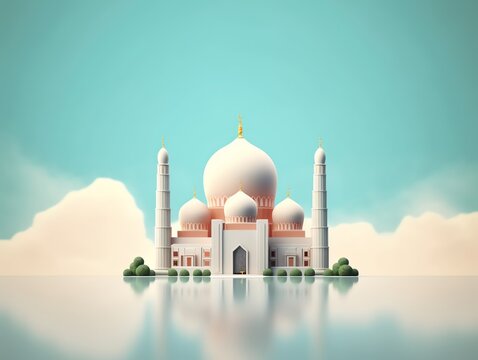 3D islamic mosque illustration for banner social media, gold, minimalist, eid fitr, eid adha, ramdhan kareem, muharam, islamic new year