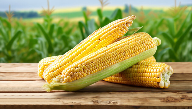 fresh corn cobs on wooden table with green field on the background. Agriculture and harvest concept