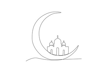 A mosque shrouded in a crescent moon. Mawlid one-line drawing