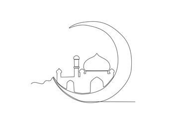A mosque circled by a crescent moon. Mawlid one-line drawing