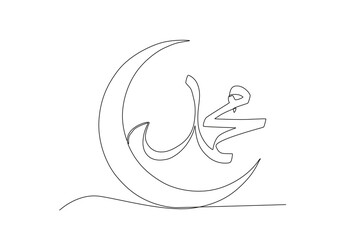 A crescent moon with Muhammad calligraphy. Mawlid one-line drawing