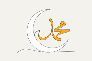 Fototapeta na wymiar A color illustration of a crescent moon and calligraphy of Muhammad. Mawlid one-line drawing