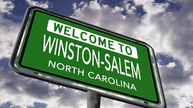 Welcome to Winston-Salem, North Carolina. USA City Road Sign Close Up, Realistic Animation