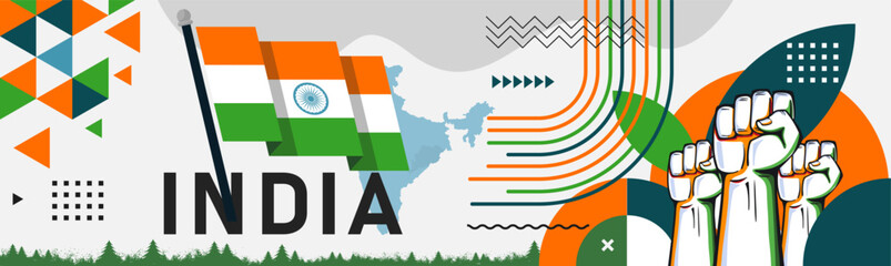 India national day banner, flag colors background and geometric abstract modern orange white green design. Indian independence day corporate business theme. South Asia Patriots Vector Illustration.