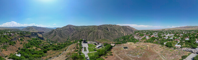 Fototapeta na wymiar Panoramic high definition drone aerial image of the famous historical Garni Temple in Armenia