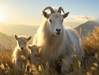 Obraz premium A Goat and Her Babies in Nature | Generative AI