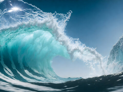 Massive Ocean Wave Curling Against Blue Sky