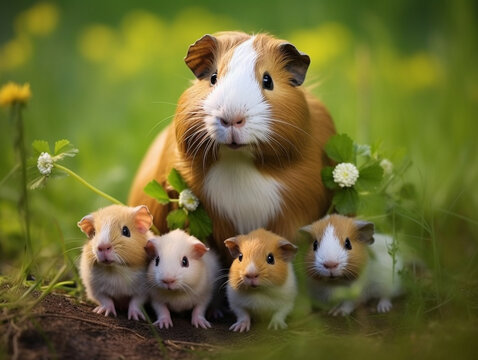 A Guinea Pig and Her Babies in Nature | Generative AI