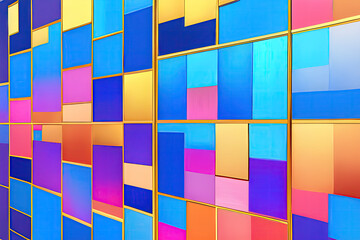 Abstract arrangement of squares or cubes in blue, pink, and gold colors. Colorful mosaic style. Hand edited generative AI. 