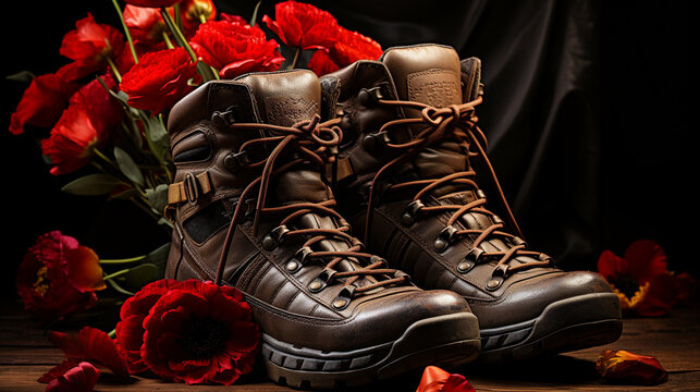 boots and flowers HD 8K wallpaper Stock Photographic Image
