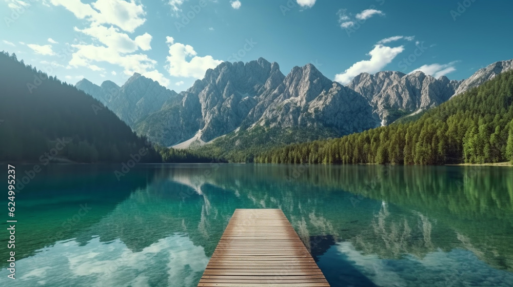 Wall mural lake and mountains hd 8k wallpaper stock photographic image