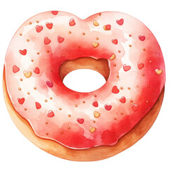 Delicious Red Heart Shaped Donut Watercolor Illustration, Sweet Treat for Valentine's Day, Isolated on Transparent Background. Generative AI