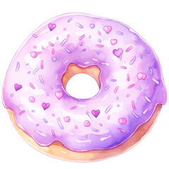 Delicious Purple Donut Watercolor with Heart Sprinkles, Sweet Treat for Valentine's Day, Isolated on Transparent Background. Generative AI