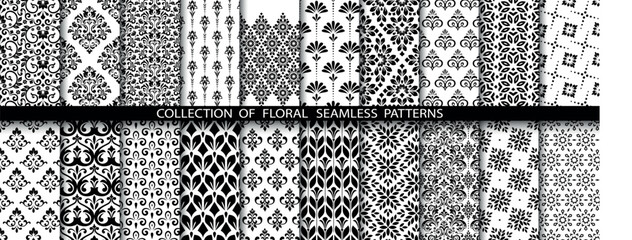 Geometric floral set of seamless patterns. White and black vector backgrounds. Damask graphic ornaments.