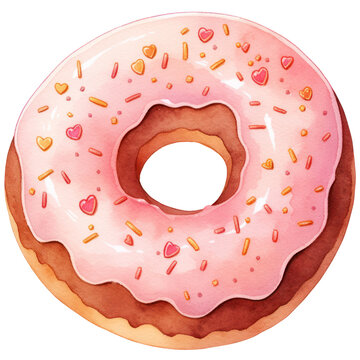 Delicious Red Donut Watercolor with Heart Sprinkles, Sweet Treat for Valentine's Day, Isolated on Transparent Background. Generative AI