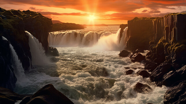 waterfall at sunset HD 8K wallpaper Stock Photographic Image
