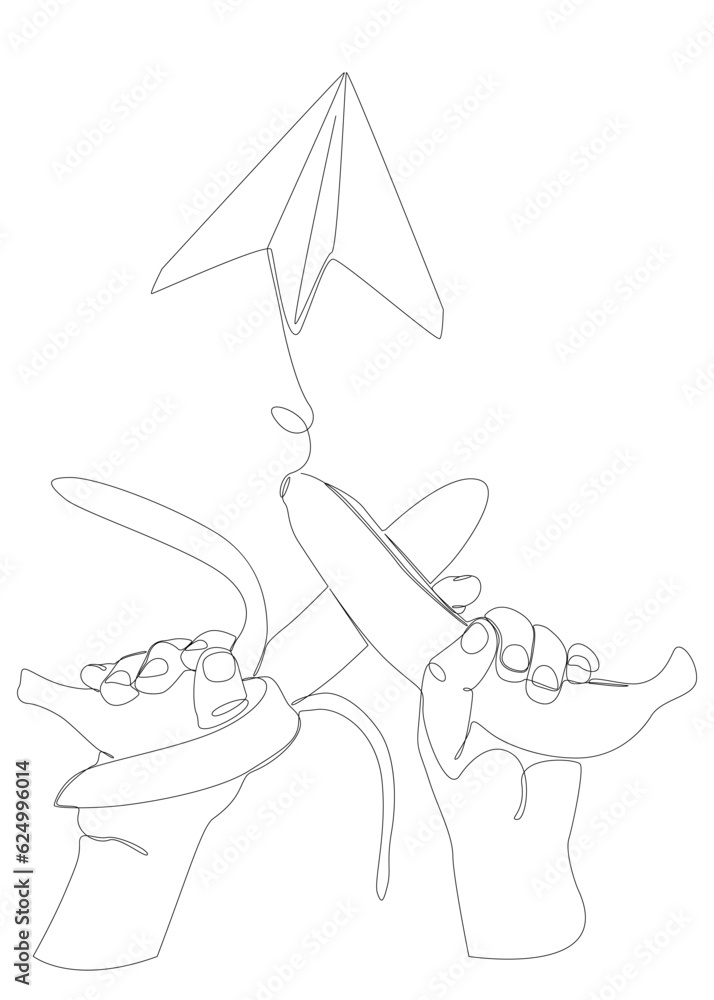 Poster one continuous line of paper airplane with banana. thin line illustration vector concept. contour dr
