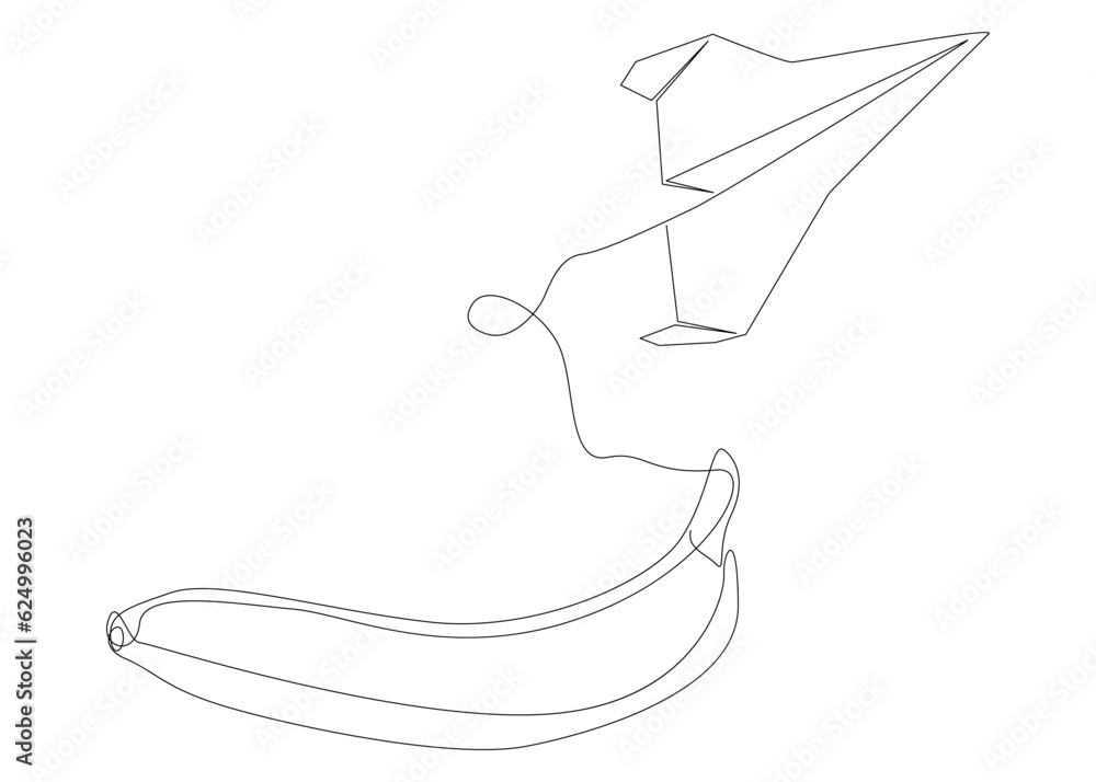 Poster one continuous line of paper airplane with banana. thin line illustration vector concept. contour dr