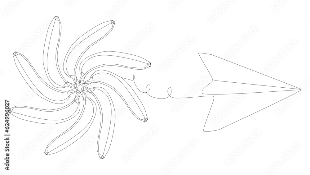 Poster one continuous line of paper airplane with banana. thin line illustration vector concept. contour dr