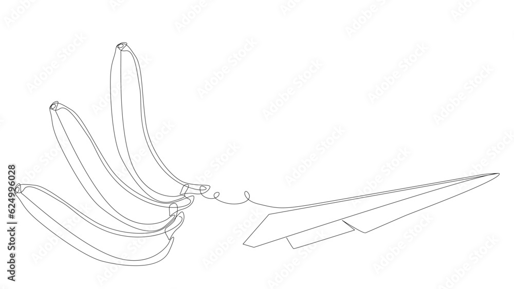 Poster one continuous line of paper airplane with banana. thin line illustration vector concept. contour dr