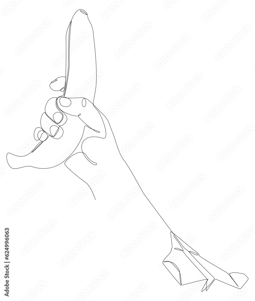 Poster one continuous line of paper airplane with banana. thin line illustration vector concept. contour dr