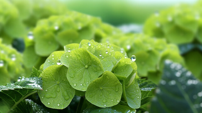 water drops on green leaves HD 8K wallpaper Stock Photographic Image
